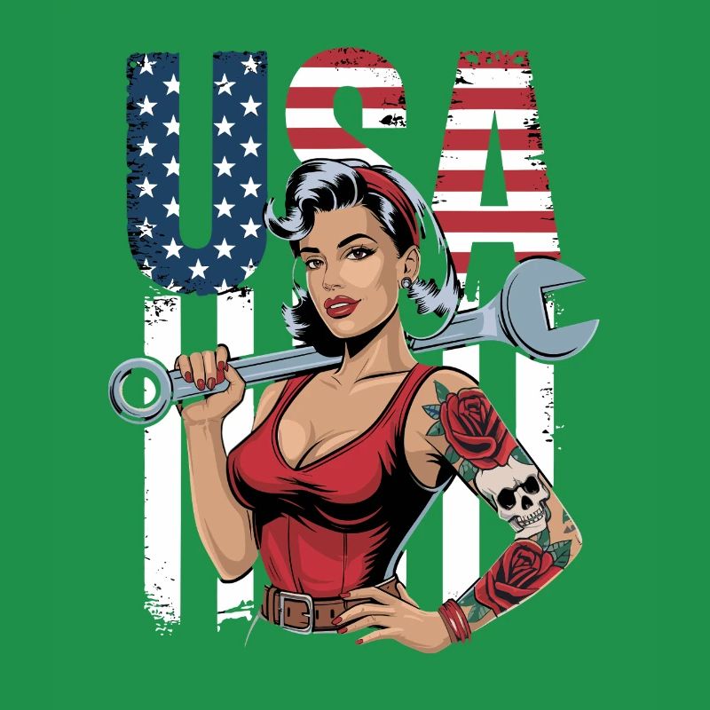 Femme forte avec une clé à molette devant le drapeau des États-Unis
