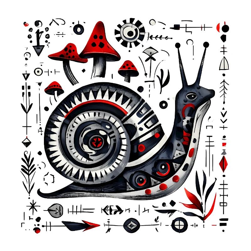 Escargot d’art populaire aux champignons – Design rétro