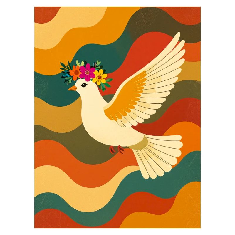 White Dove Flying Over Rainbow Waves