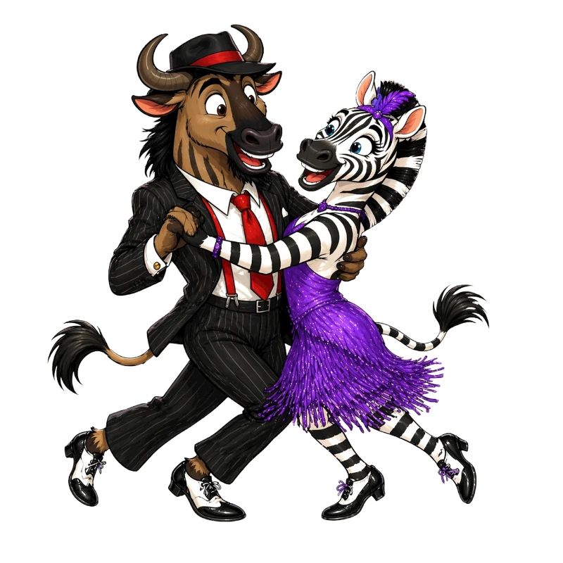 Gnu und Zebra im eleganten Swing Tanz