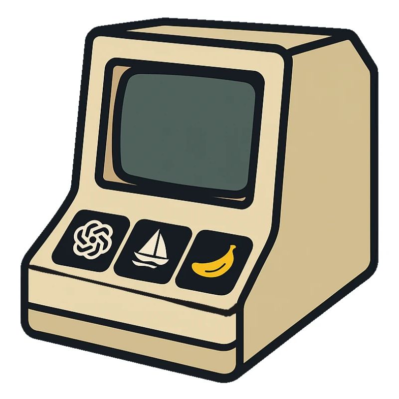 Retro AI computer with iconic symbols
