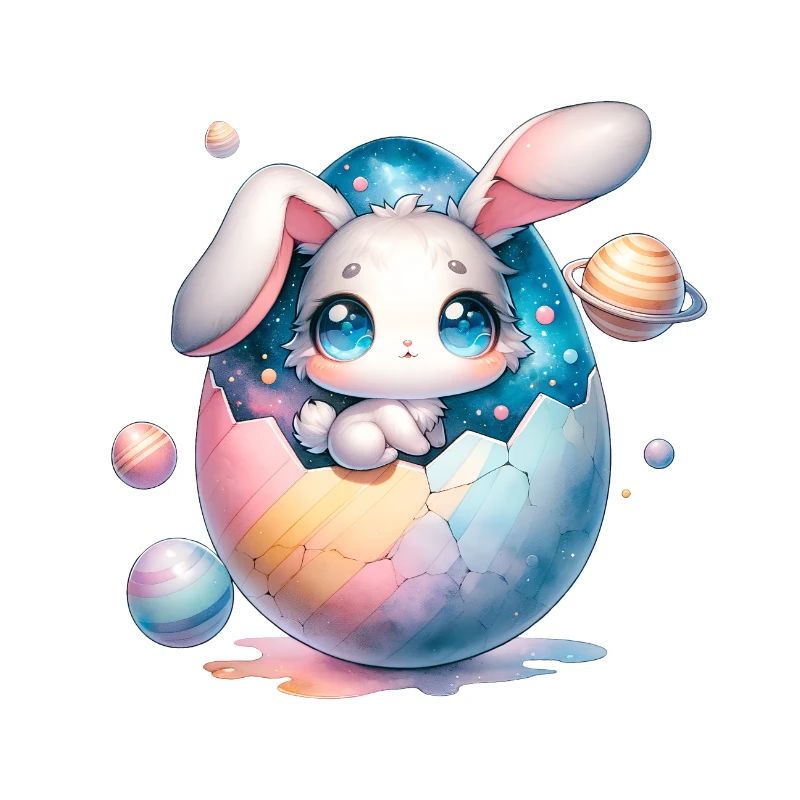 Chibi Space Bunny Sitting In a Cracked Easter Egg