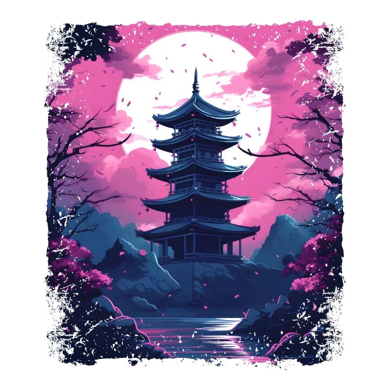 Sakura Kirschblütenbaum in einem Tempel Vaporwave