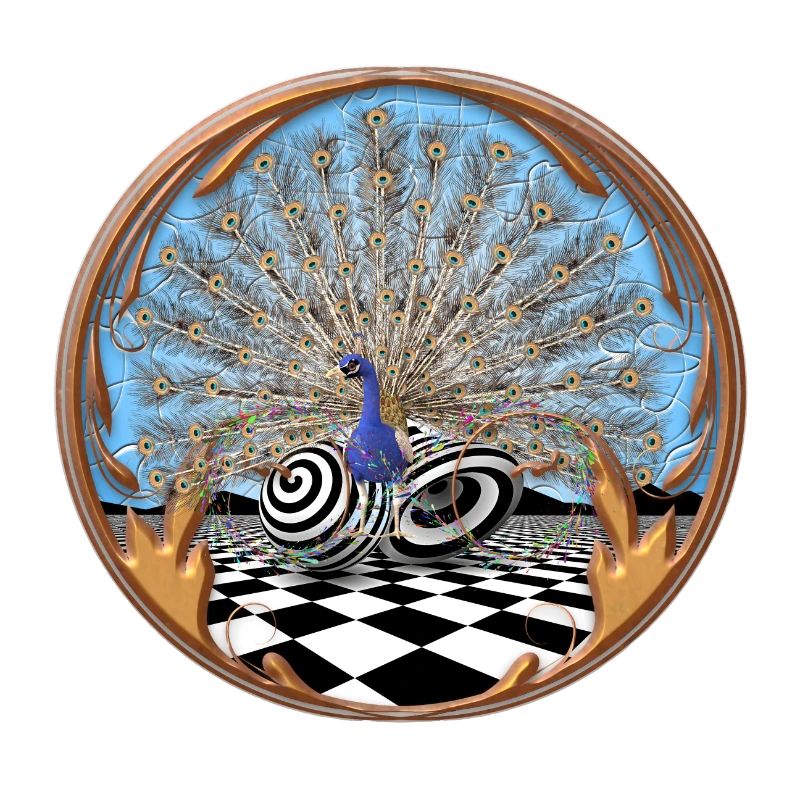 Peacock against an abstract background with infinity