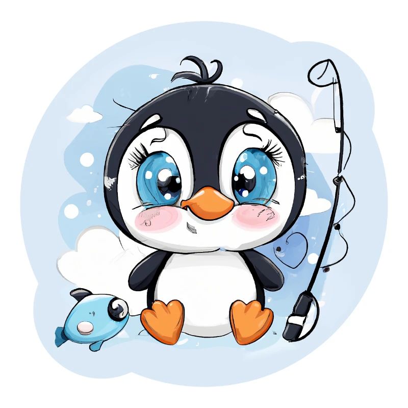 Mignon bébé pingouin avec une canne à pêche