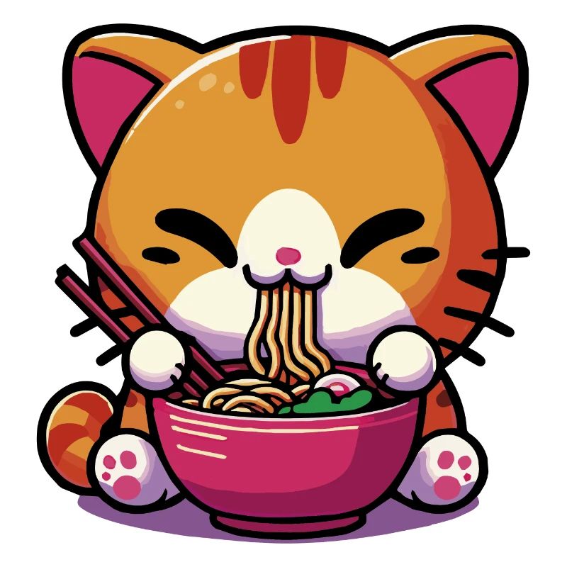 Chat Kawaii Neko mignon mangeant des Ramen 1