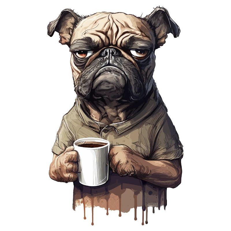 Grumpy dog pug moody coffee sarcasm