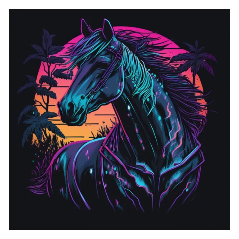 Cheval aux couleurs néon, synthwave / 80s