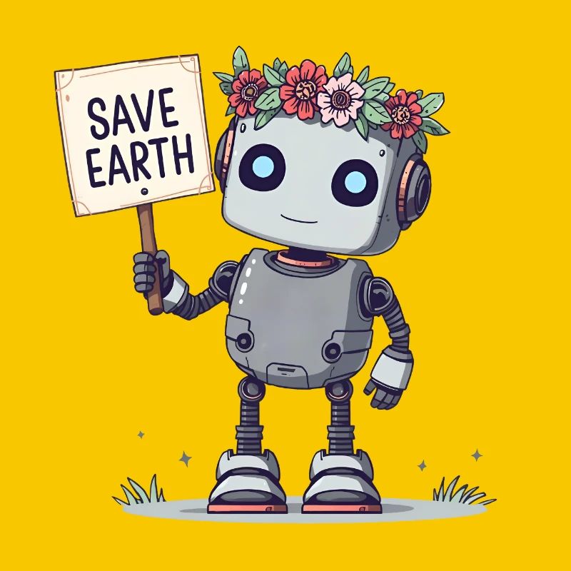 Robot mignon avec couronne de fleurs – Save Earth