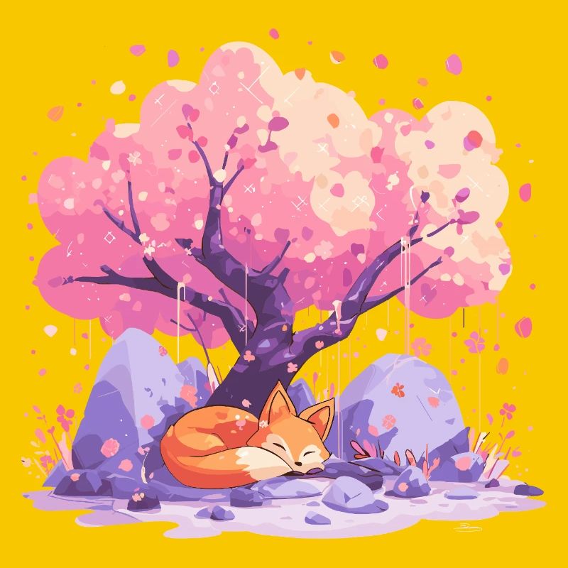 Sleeping fox under cherry tree