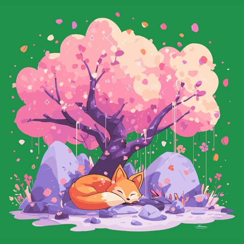 Sleeping fox under cherry tree