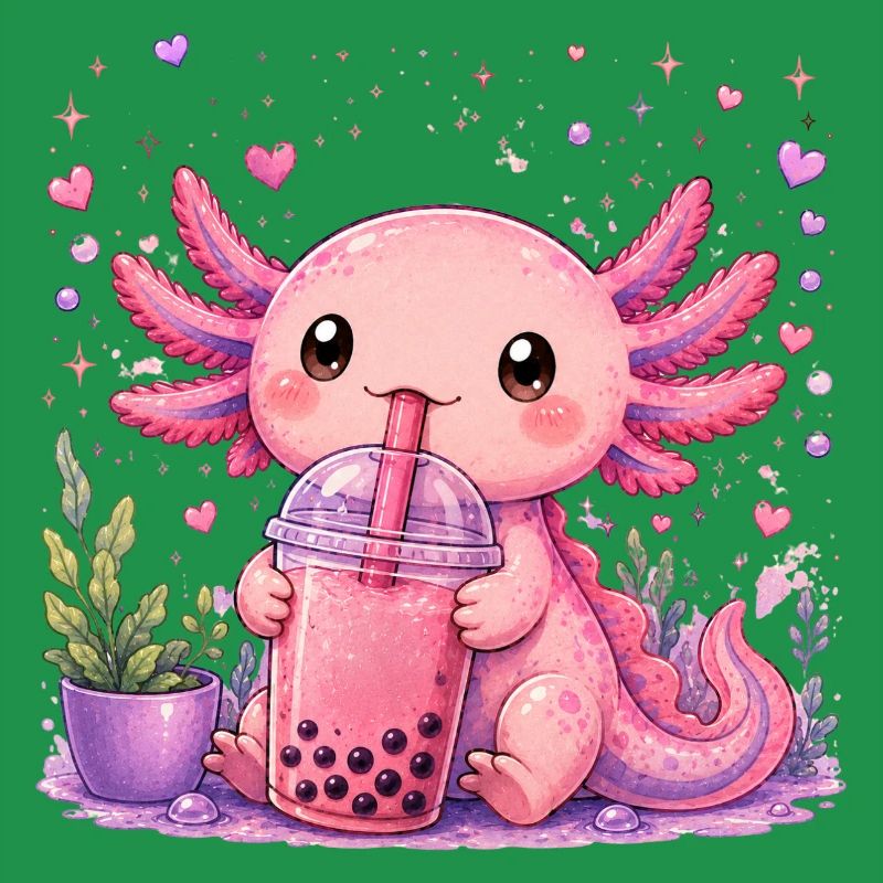Pink Axolot mit Bubble Tea