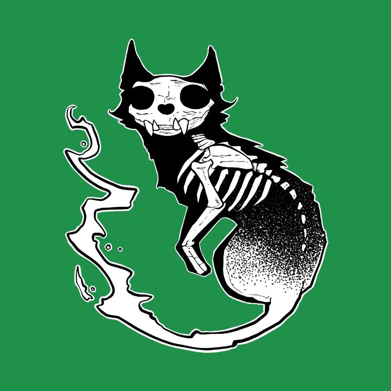 Skull black cat dark halloween dotwork art