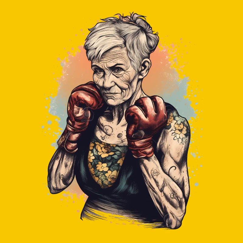 Coole Boxer Oma mit Boxhandschuhen