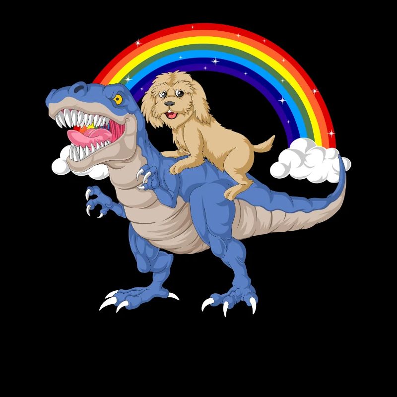 Whimsical Dinosaur and Golden doodle Under Rainbow