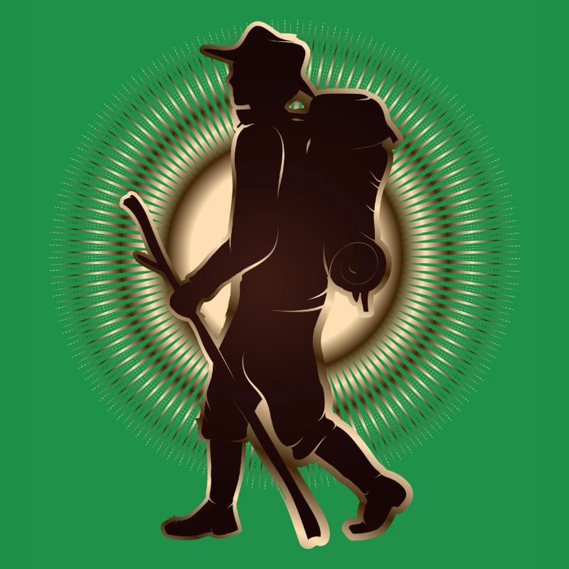 Pilgrim or hiker with walking stick & backpack