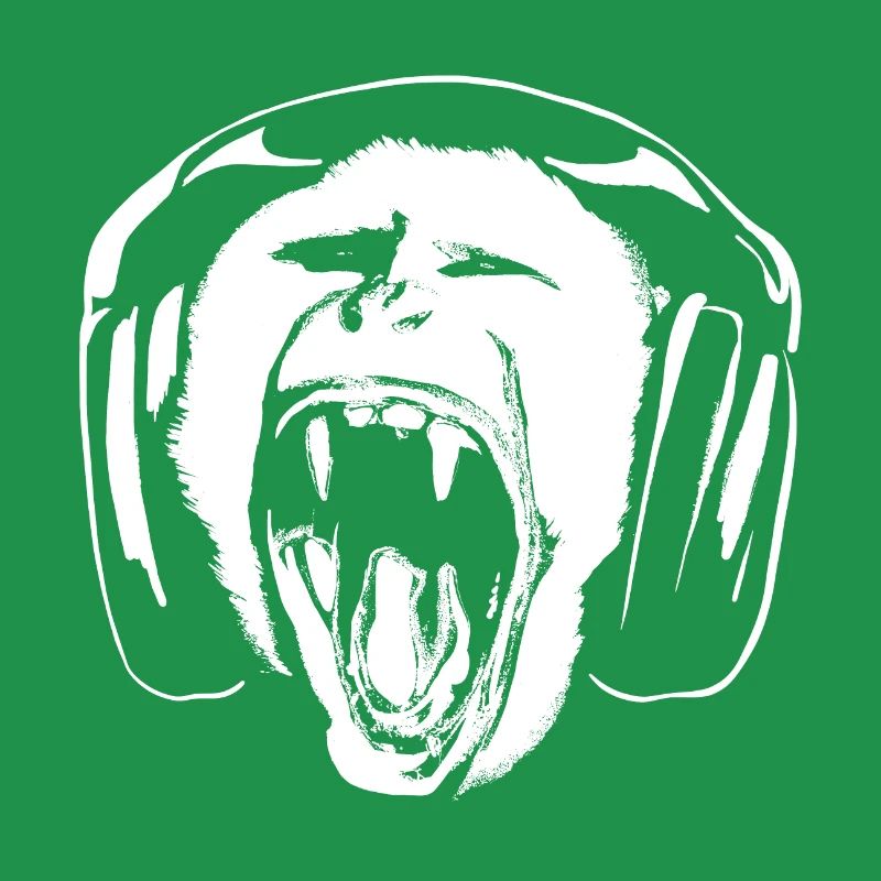 Affe hört Musik über Kopfhörer