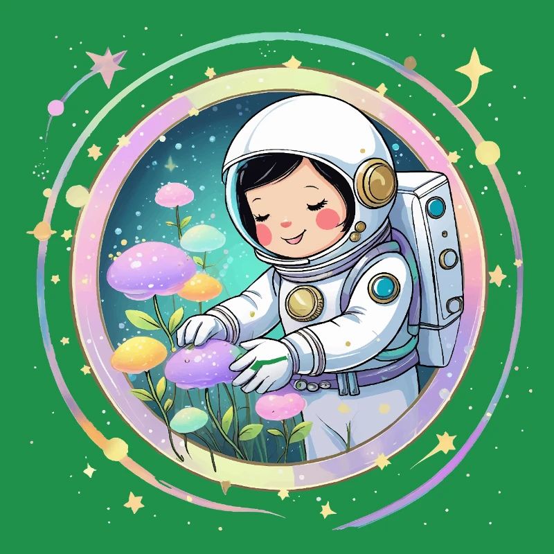 Fille astronaute avec des champignons - Conception spatiale mignonne