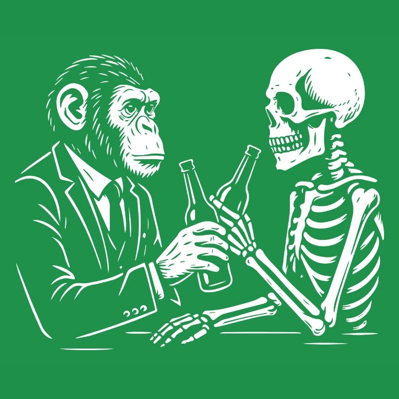 monkey and skeleton drinks beer in the pub.