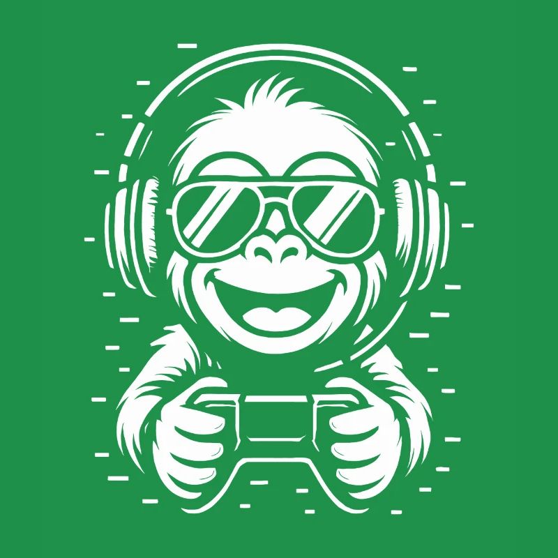 Cooler Affe mit Kopfhörern, Brille und Gamepad