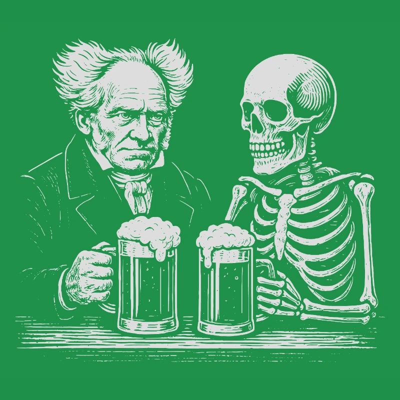 Arthur Schopenhauer buvant de la bière avec squelette