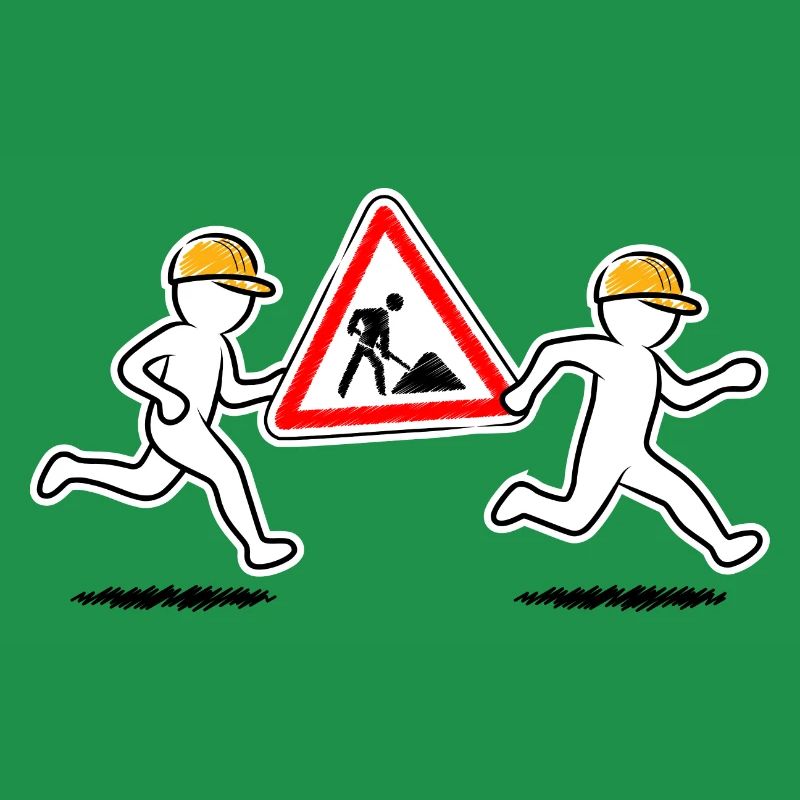 Two construction workers carry a construction site sign