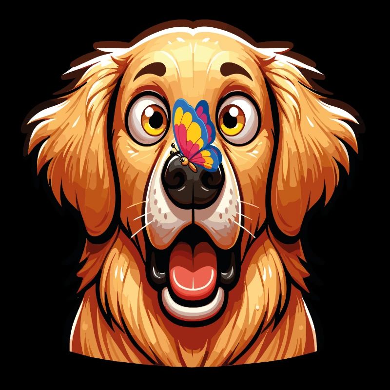 Ein Labradorhund, der von einem bunten Schmetterling überrascht wird