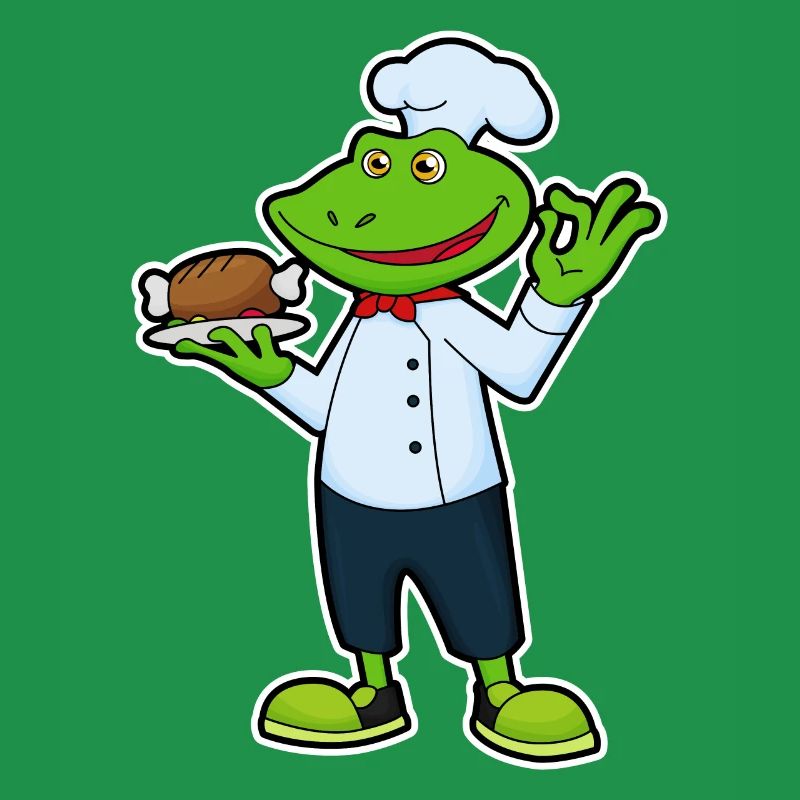 Frosch als Koch mit Servierteller & Hähnchen