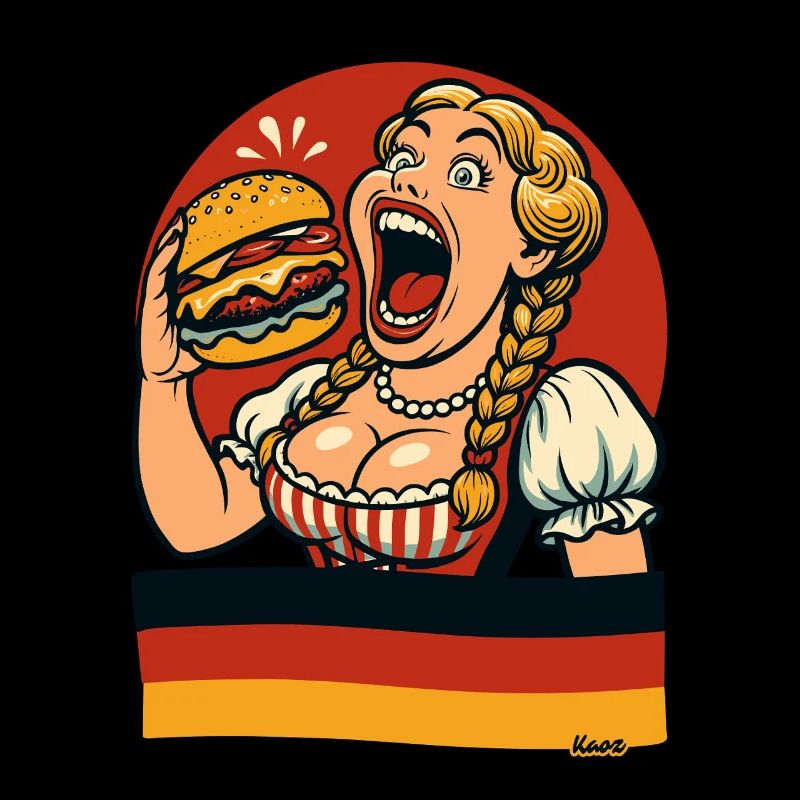 Une femme de Dirndl mange un hamburger géant