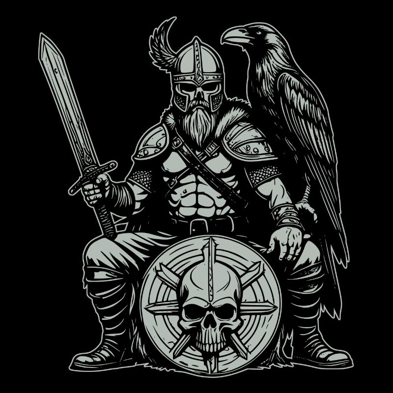 Viking with sword, shield and raven