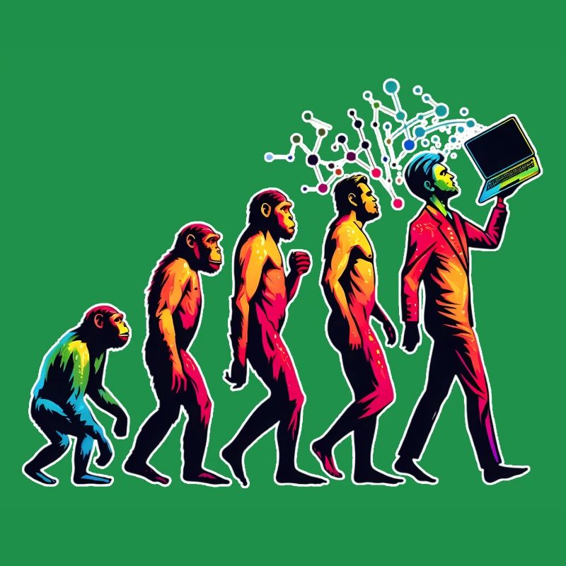 Evolution Menschen zum Laptop PC Nerd Geek Affe