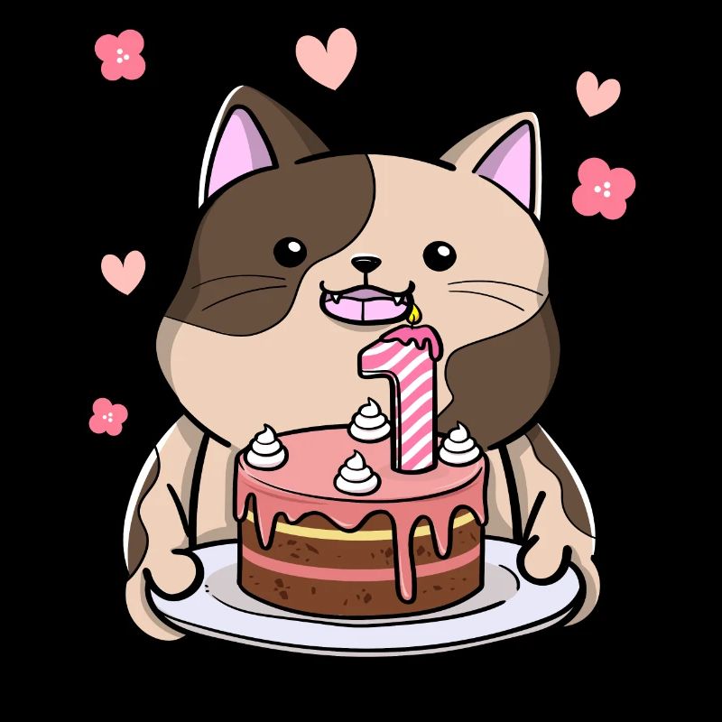 Chubby cat holds a birthday cake 1st year
