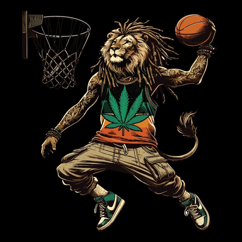 A Rasta lion dunking basketball