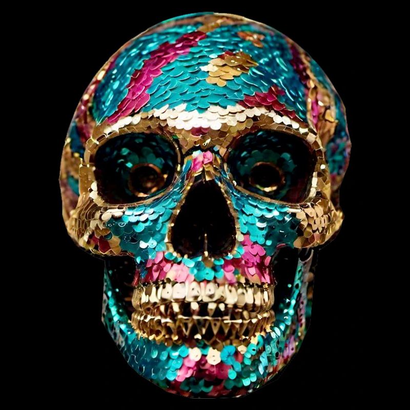 Skull, metallic, sequins, rivets, gold, silver