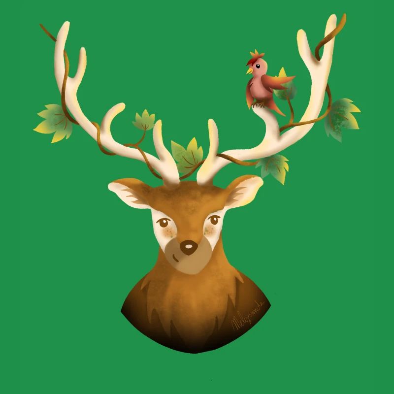 Hirsch oder Waldrentier mit Vogel und Efeu