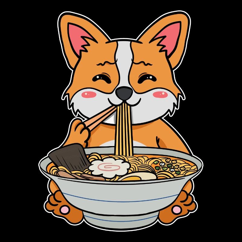 Corgi dog eats ramen noodle soup