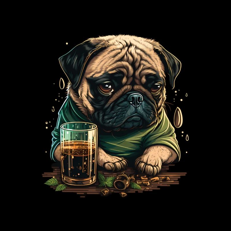 Grumpy Pug drinks whiskey