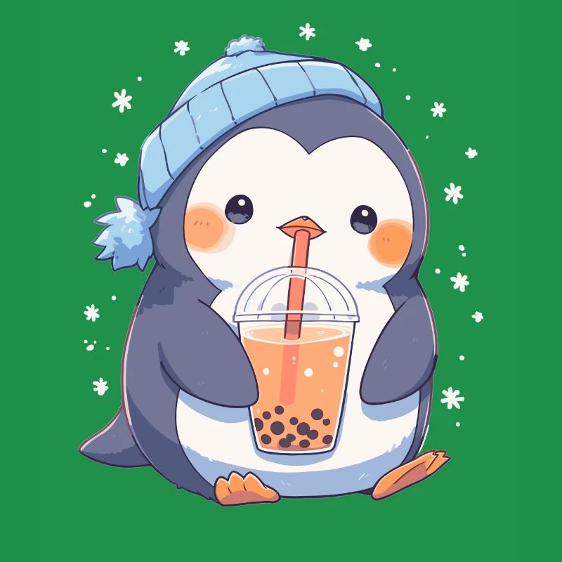 Kawaii Penguin Drinks Boba Bubble Tea Chibi