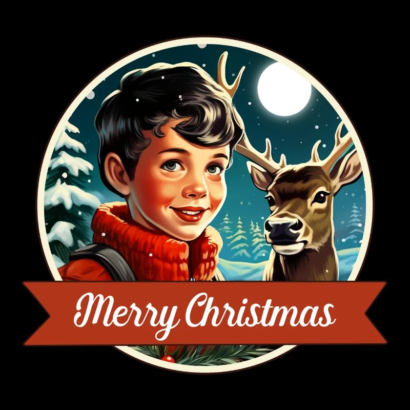 Boy and deer in winter forest