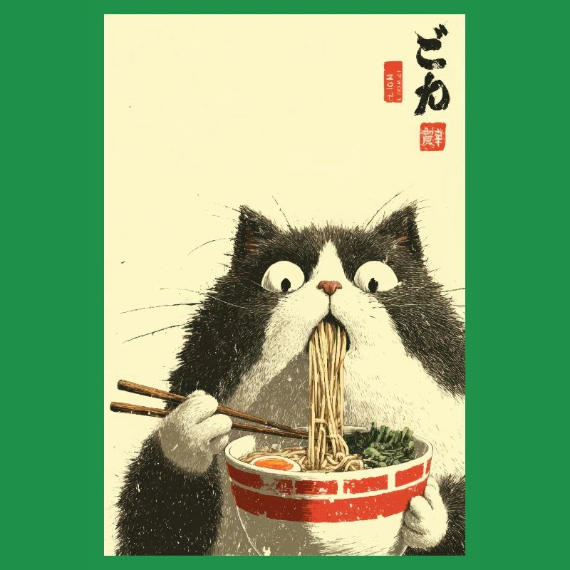 Chat surpris mangeant des ramen
