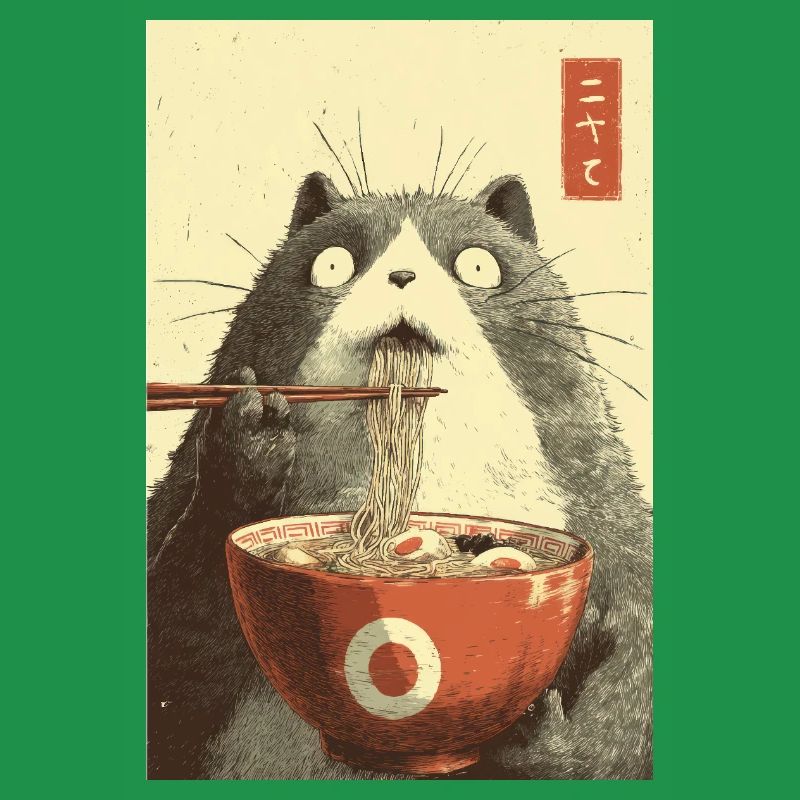 Chat choqué mangeant des ramen