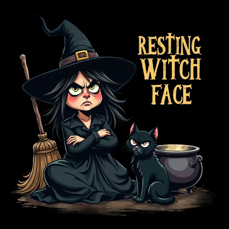 Resting Witch Face Cute Witch with Cat and Broom