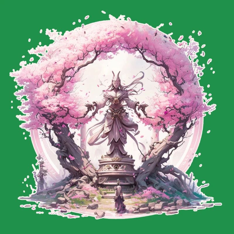 Statue under a cherry blossom tree