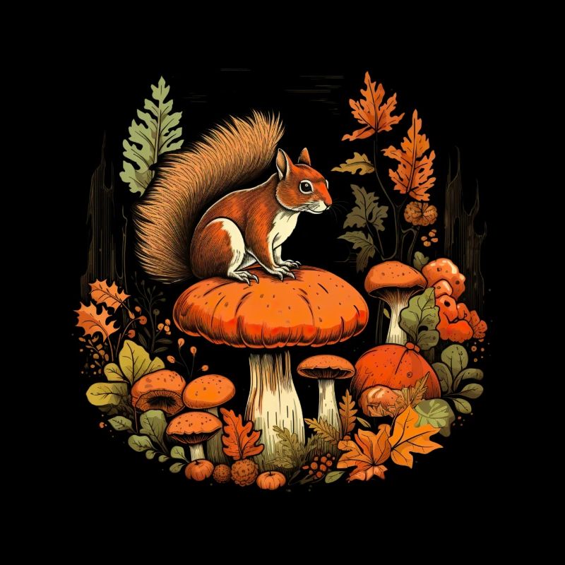 Herbst Eichhörnchen auf Orange Pilz Wald Szene