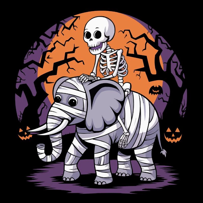 Squelette chevauchant un éléphant à Halloween