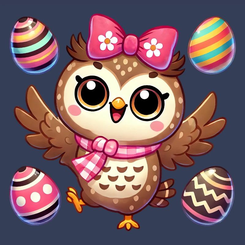 Owl juggles Easter eggs colorful fun