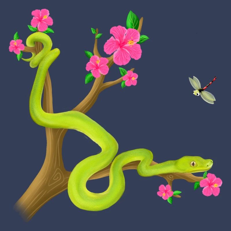 Le serpent Python vert sur l’arbre avec des fleurs