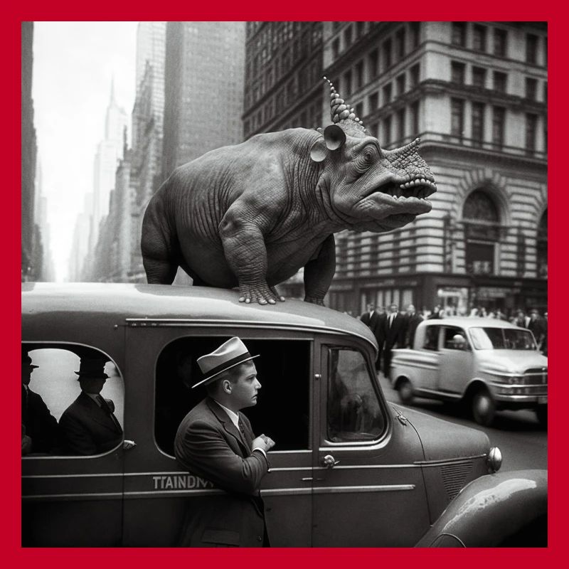 Dinosaurier auf dem Dach eines Autos
