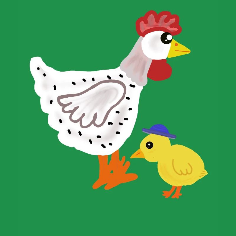 Colored chicken with chicks Easter children