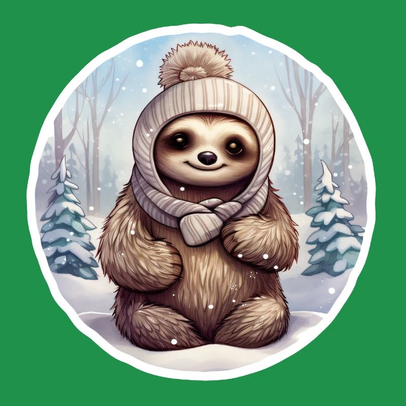 Faultier im Schnee mit Mütze